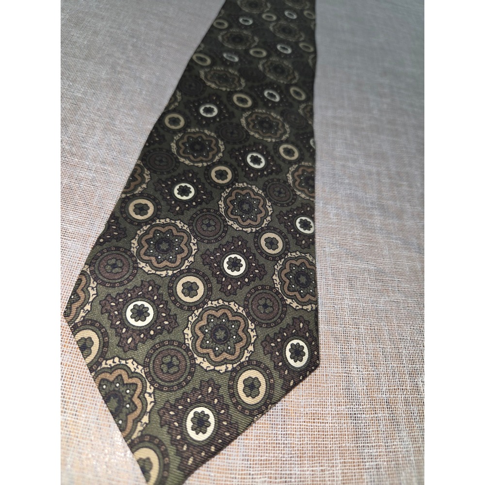 Gap Mens Silk Necktie Olive Green Brown Medallion Geometric Pattern Made in USA - Picture 2 of 6